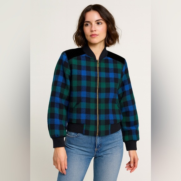 Vintage La Chic Jobis Plaid Bomber Jacket Blue Green Black Checkered Zip Up 36 - Picture 1 of 14
